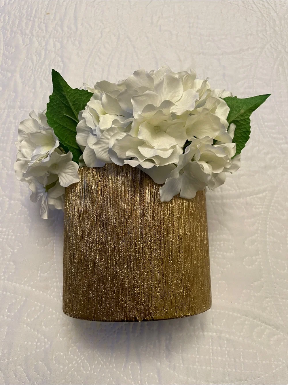 Elegant Faux Artificial White Hydrangeas Arrangement with Gold Color Pot Vase